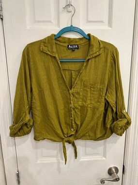 Alter Brooklyn Green 3/4 Sleeve Button Up 100% Linen Top - One Size
